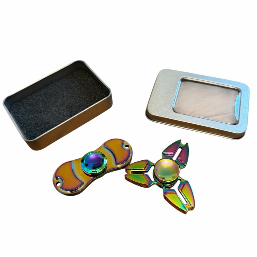 Set of two iridescent metal fidget spinners. EC